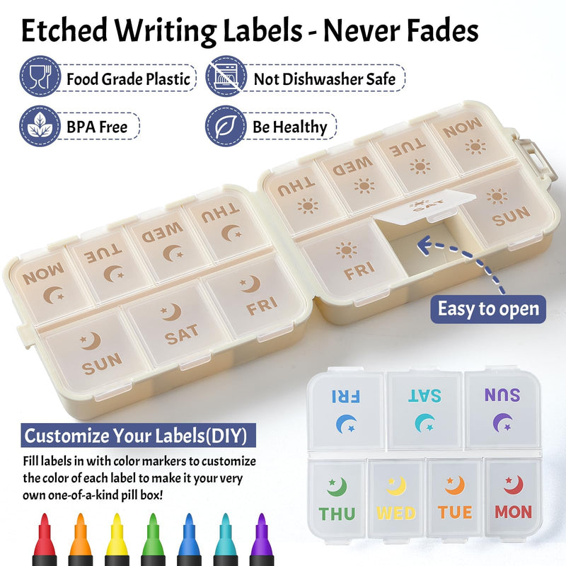 NEW Foldable & Double Protection Portable Weekly Pill Organizer 2 Times A Day with Etched Labels, AM PM 7 Day Week Medicine Box, Daily Travel Pill Case Holder Dispenser for Vitamin, Supplement - Khaki AM & PM