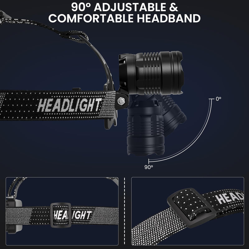 LED Headlamp Rechargeable 2Pack, 99000 Lumens Bright Head Lamp, 90° Adjustable Head Lights for Forehead with 3 Modes, Long Runtime & Waterproof Headlamps for Adults Camping Hiking 2