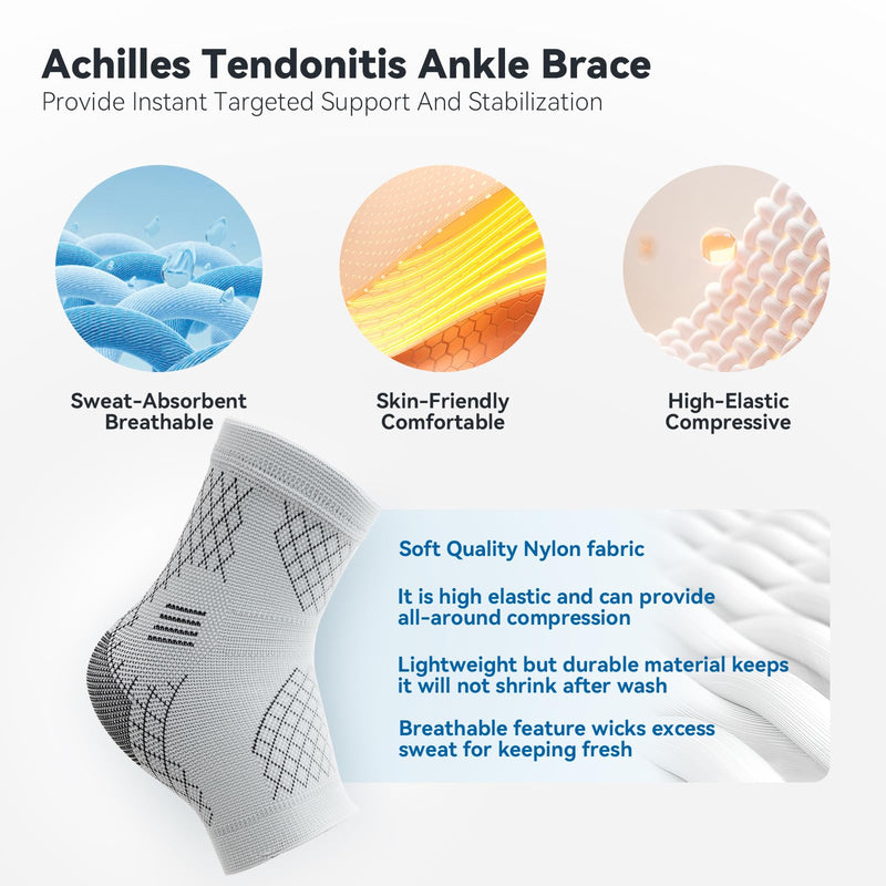 INDEEMAX 2 Pack Ankle Brace for Sprained Ankle, Arch Support Compression Sleeve Socks for Women & Men, Achilles Tendonitis Brace Wraps for Plantar Fasciitis, Foot Swelling Relief Medium Grey