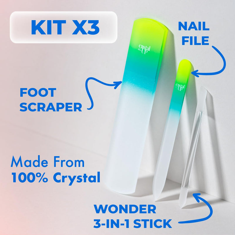 Starter Crystal Care Set - 3PC Includes Glass Foot Scraper, Medium Crystal File, and Cuticle Stick for Natural Nails, Glass File Kit 3-Piece Set Yellow Lemon - BeesActive Australia