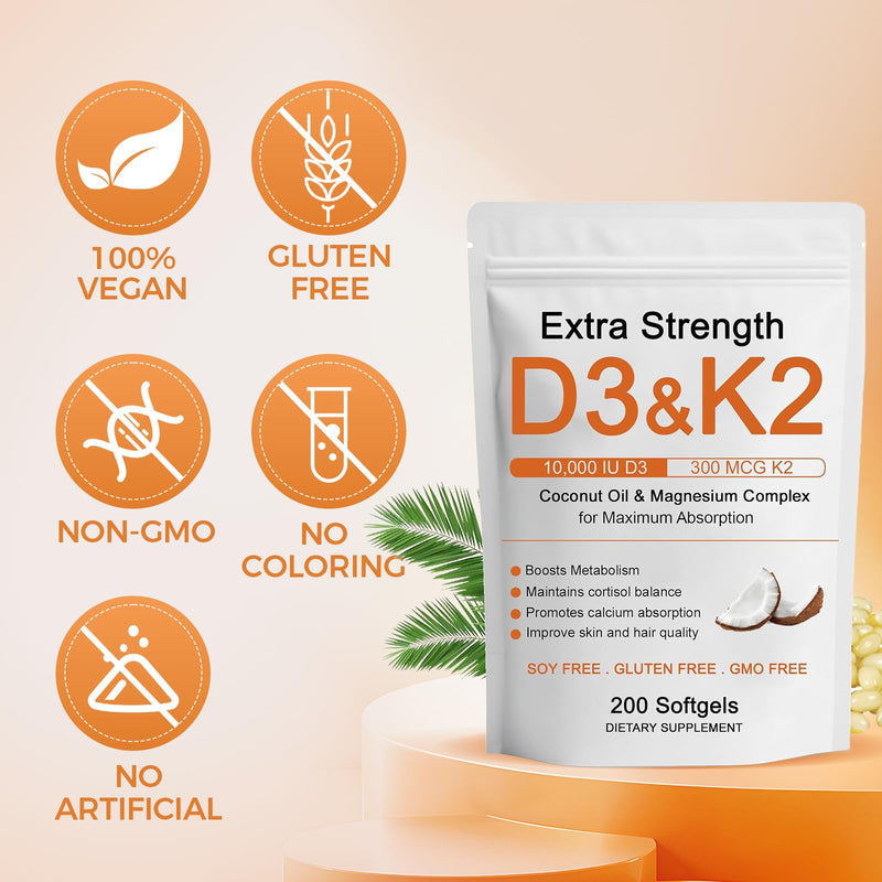 D3 K2 Vitamin 10000 IU, Extra Strength Wellness D3K2 with Triple Magnesium & Coconut Oil for Maximum Absorption, Support Bone & Immune Health, Non-GMO,Easy to Swallow, 200 Softgels 1pc