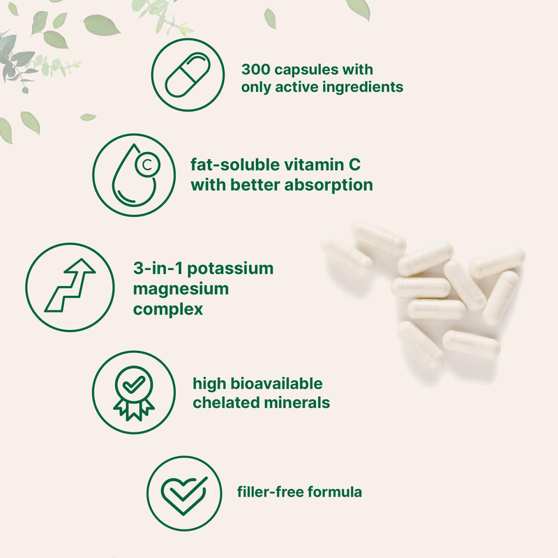 ﻿Pure Potassium Supplement with Magnesium Glycinate, 300 Capsules | Enhanced with Fat-Soluble Vitamin C | Chloride + Glycinate Mineral Electrolyte Complex | Only Active Ingredients | Filler Free