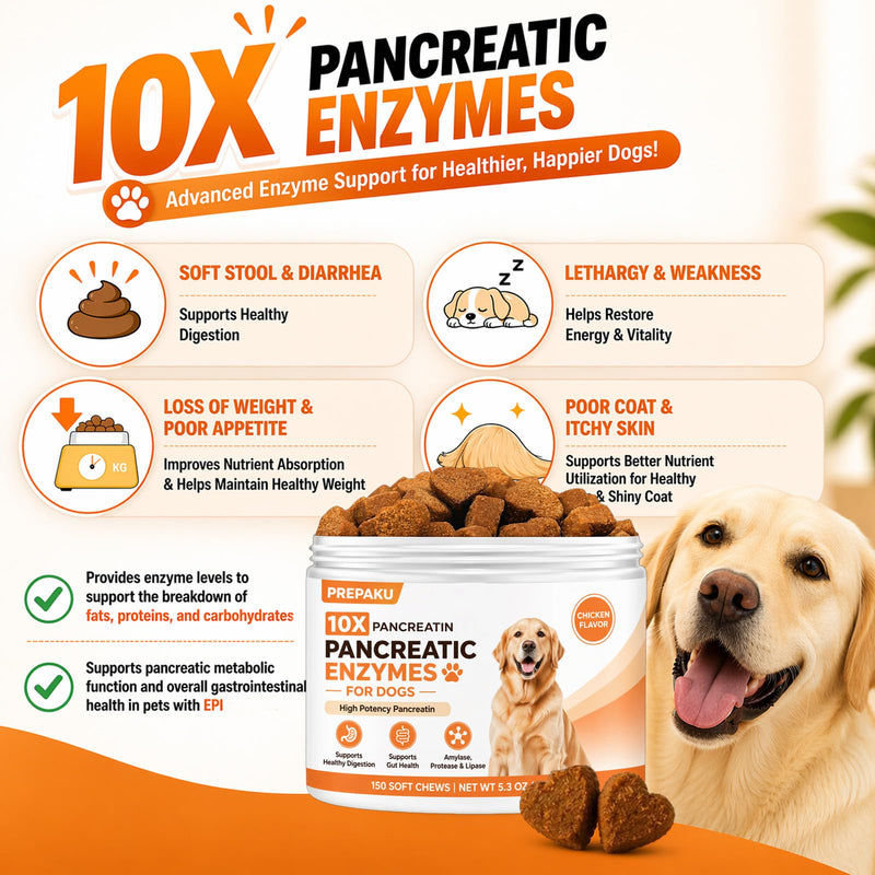 Pancreatic Enzymes for Dogs – 10X Pancreatin Digestive Enzyme Chews for EPI Support, Supports Digestive Stress, Pancreatic Issues & Healthy Weight Management – 150 Chews