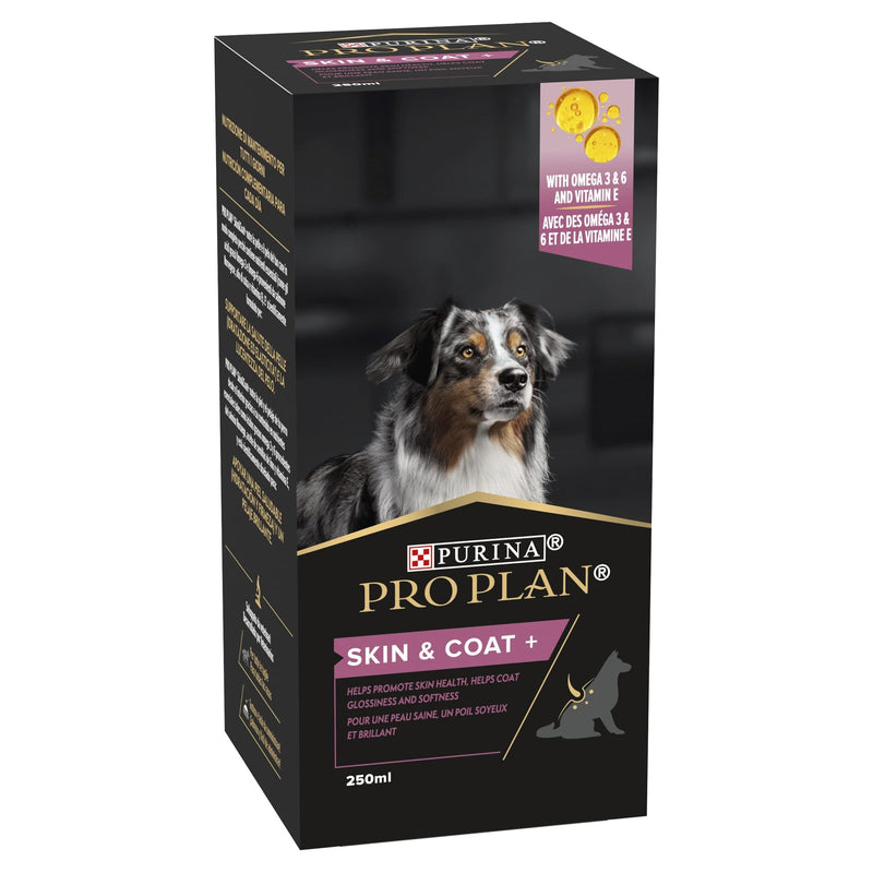 PRO PLAN Dog Skin and Coat Supplement | Skin health support, lustrous coat | with salmon oil, linseed oil, omega 3, omega 6, vitamin E | all breed| Adult and Senior dogs | Oil 250 ml
