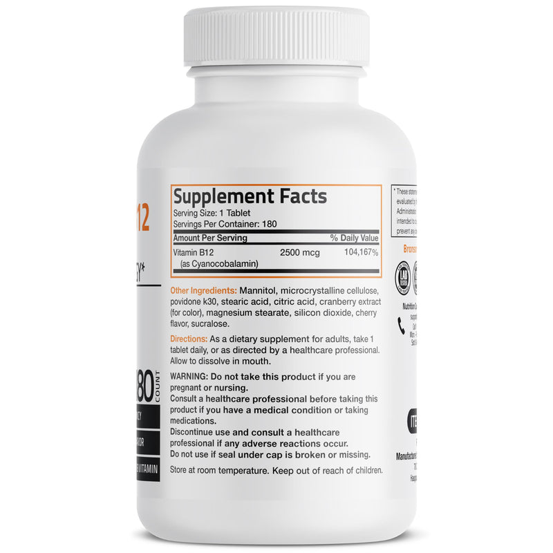 Bronson Vitamin B12 2500 mcg Fast Dissolve Sublingual Cherry, 180 Tablets | B12 as Cyanocobalamin, Supports Energy Metabolism, Red Blood Cell Formation, Nerve & Brain Function 180 Count (Pack of 1)