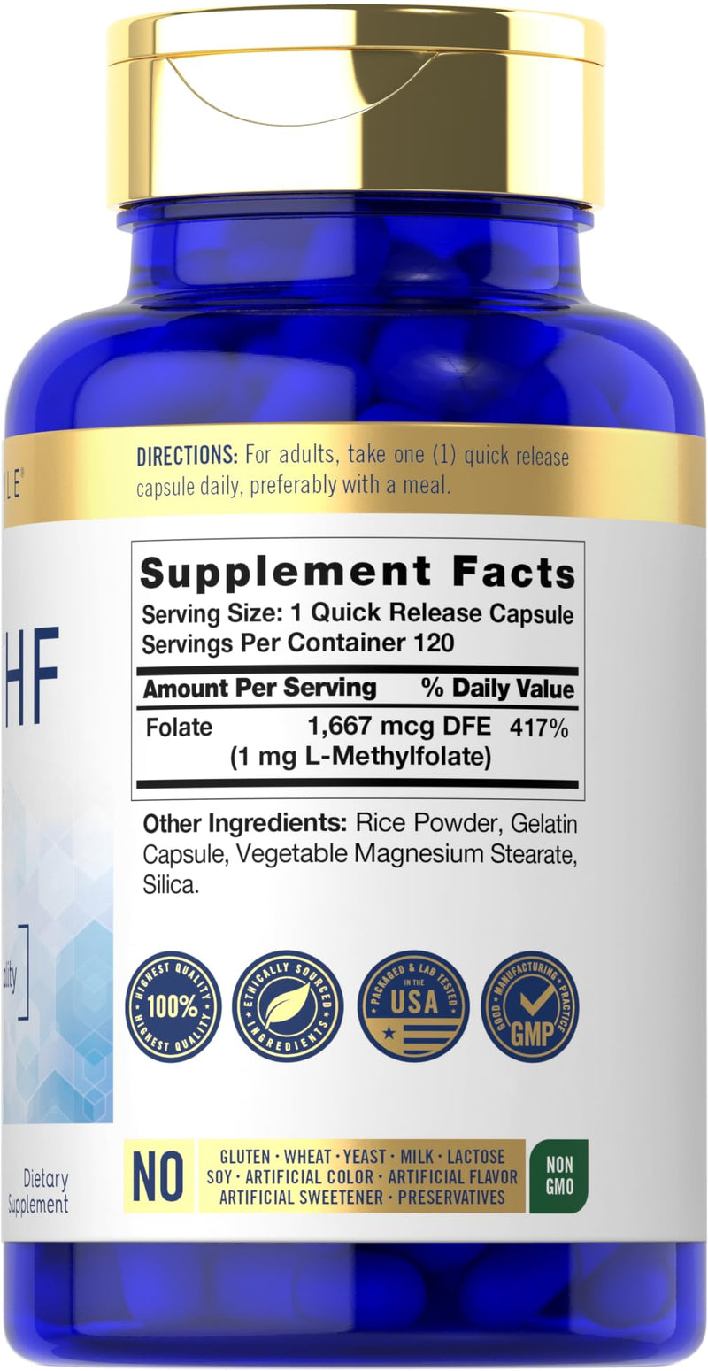 Carlyle 5-MTHF L Methylfolate 1mg | 120 Capsules | Non-GMO & Gluten Free Supplement | Premium Quality