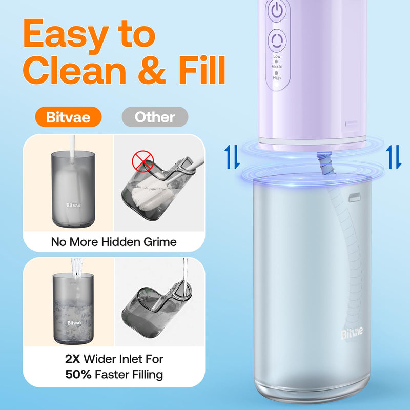 Bitvae P1 Water Dental Flosser, Portable Water Cleaner Picks, Cordless Mini Water Teeth Cleaners with Telescopic Water Tank, IPX7 Waterproof Oral Irrigator, Brace & Sensitive Teeth Care, Purple