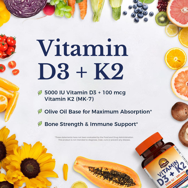 Vitalitown Vitamin D3 K2 Supplement, D3 5000 IU, Vitamin K2 MK-7 100 mcg, Non-GMO, No Gluten & Soy, for Bone, Teeth, Immune & Heart Health, 120 Softgels