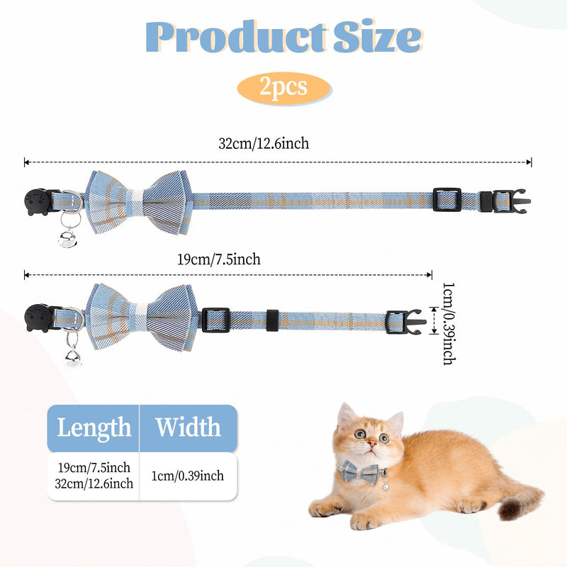 2 PCS Bow Tie Cat Collar with Bells Cat Collar Breakaway Cute Bowtie Plaid Cat Collar with Cat Buckle Soft Adjustable Kitten Accessories for Indoor Cats Puppy and Small Pets Blue and White Plaid - BeesActive Australia