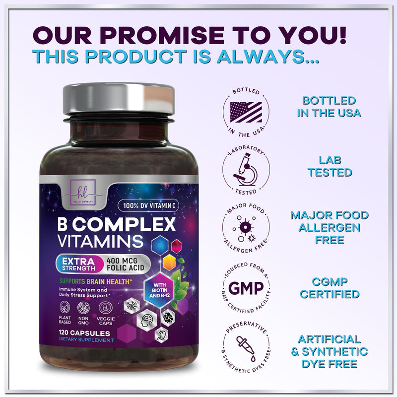 B Complex Vitamin Supplement - 3X Strength with Biotin, Vitamin C & Folic Acid - Super B12 Complex Vitamins for Energy, Supports Hair Growth, Immune Support for Women & Men, USA Bottled, 120 Capsules 120 Count (Pack of 1)