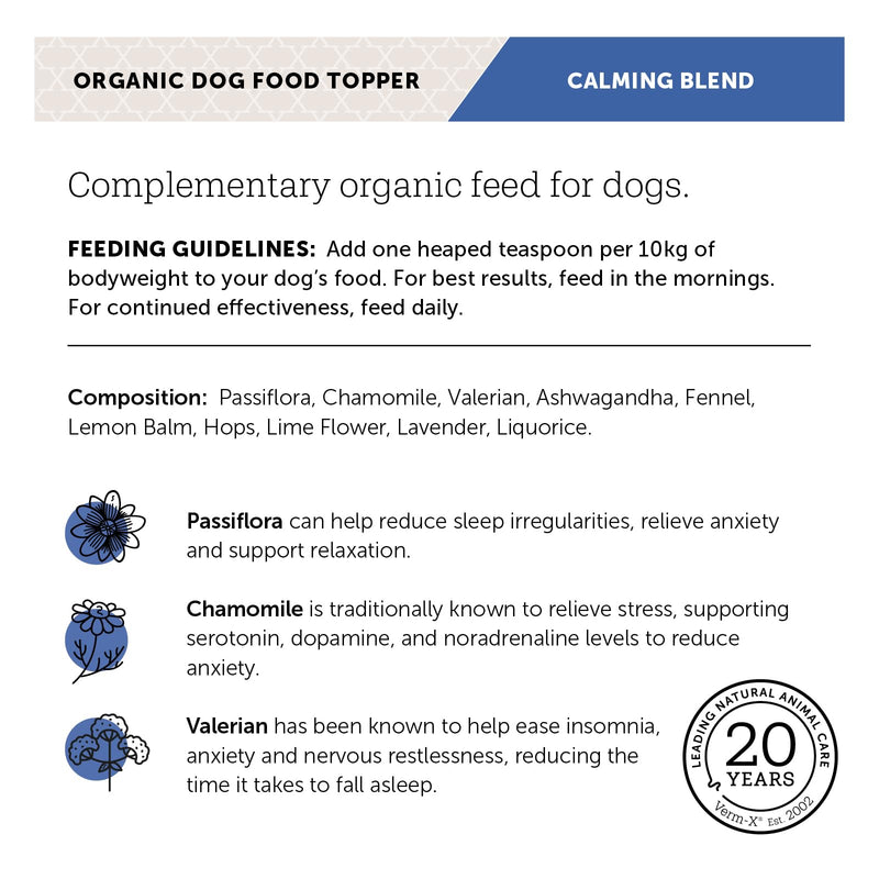 Verm-X Organic Food Supplement for Anxious Dogs. With Passion Flower, Chamomile and Valerian to help Soothe and Calm Sensitive Dogs or Dogs with Situational Anxiety.