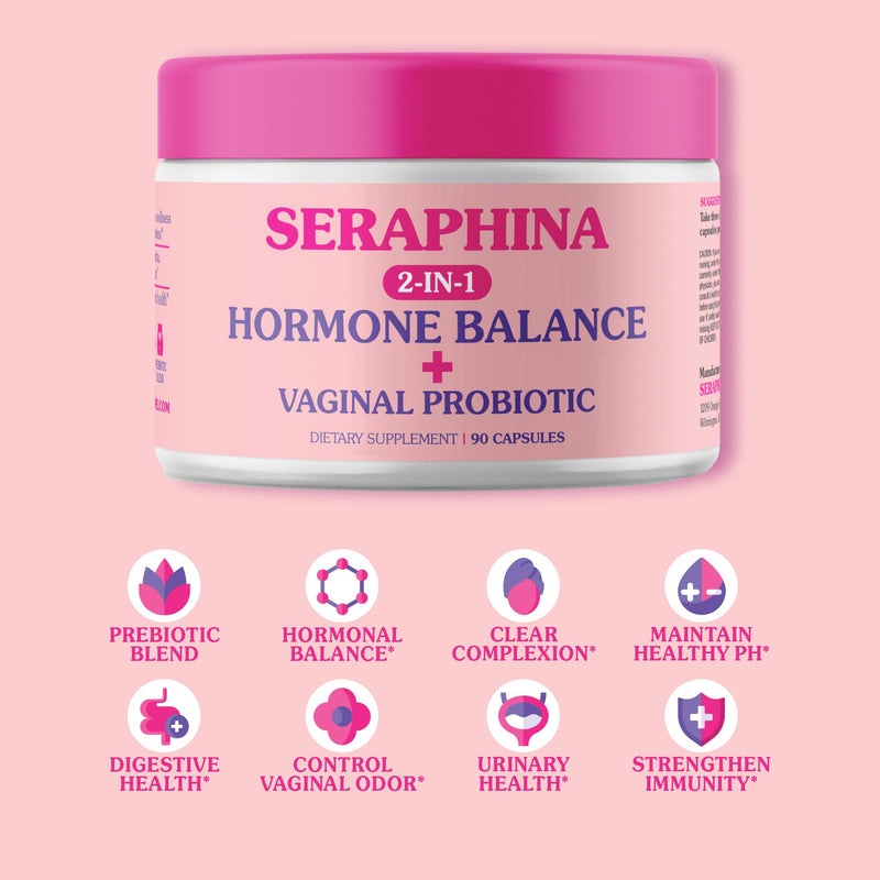 Seraphina Vaginal Probiotics 2-in-1 for Women + Hormone Balance - 90 Capsules Complete Feminine Care, PMS & Urinary Tract Health, Prebiotic Blend, 10 Billion CFU, 6 Strains (90 Count (Pack of 1)) 90 Count (Pack of 1) - BeesActive Australia