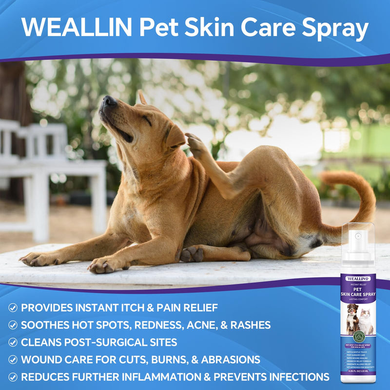 WEALLIN Hot Spot Itch Relief Spray for Dogs & Cats - Hot Spot Treatment for Dogs itchy dog skin relief,Pet wound care spray for Itchy, Irritated Skin, Allergy, Rashes, Wound Care 120ML