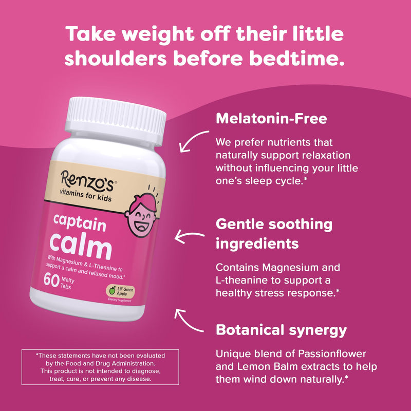 Renzo's Captain Calm Kids Magnesium Supplement with L-Theanine, Dissolvable Kids Vitamins for Relaxation and Mood Support, Sugar-Free Melty Tabs, Green Apple Flavor, 60-Count (1-2 Month Supply) | L-Theanine, Passionflower, Lemon balm, Relaxation & Mood...