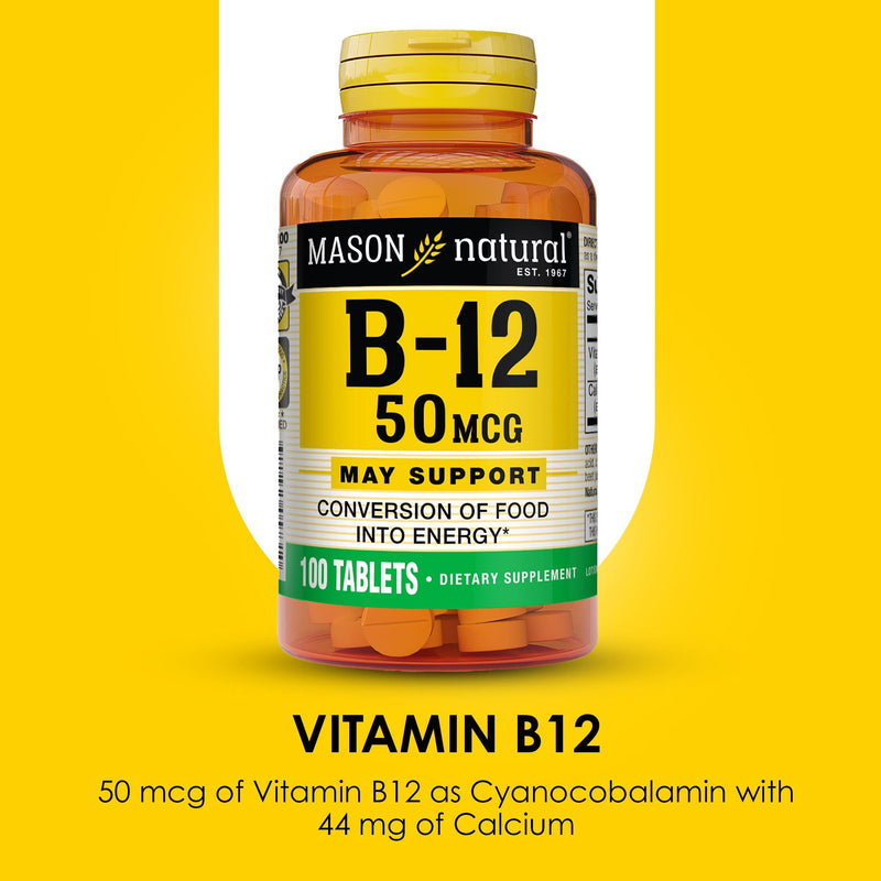 MASON NATURAL Vitamin B12 50 mcg with Calcium, 100 Day Supply | 50mcg B12 (cyanocobalamin) with 44mg calcium to support normal nerve function & natural energy levels; 100 tablets