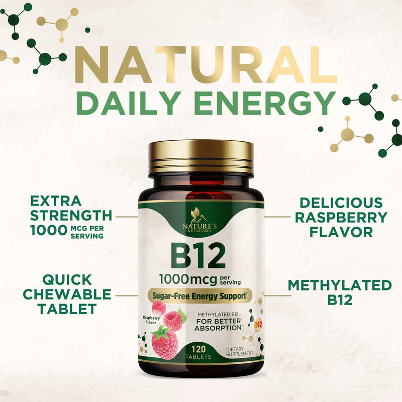 Vitamin B12 - 1000 mcg Per Serving Maximum Strength Methylcobalamin B-12 Chewable Tablet - Energy, Nervous System & Brain Support - Fast Dissolve, Gluten-Free, Non-GMO for Women & Men - 120 Tablets 120 Count (Pack of 1)