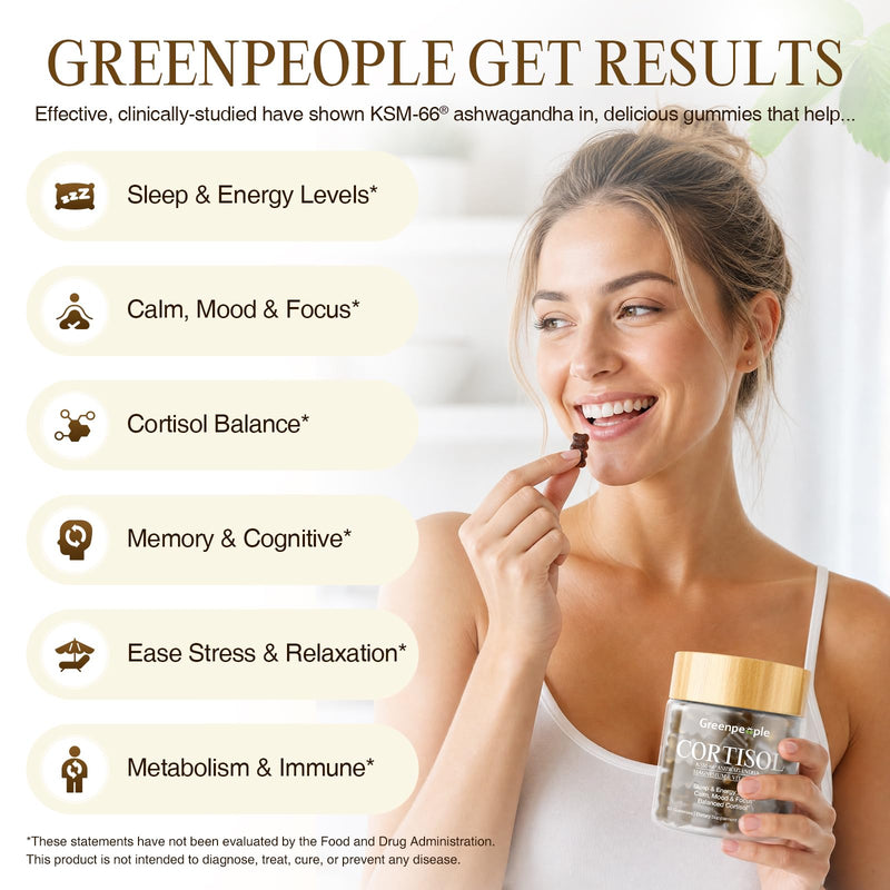 GREENPEOPLE Cortisol Reducer Supplements for Women & Men | Cortisol Manager Detox w/KSM-66 Ashwagandha/Magnesium/GABA for Sleep/Stress Relief/Mood 60 CT Raspberry Flavor Gummies 60 Count (Pack of 1)