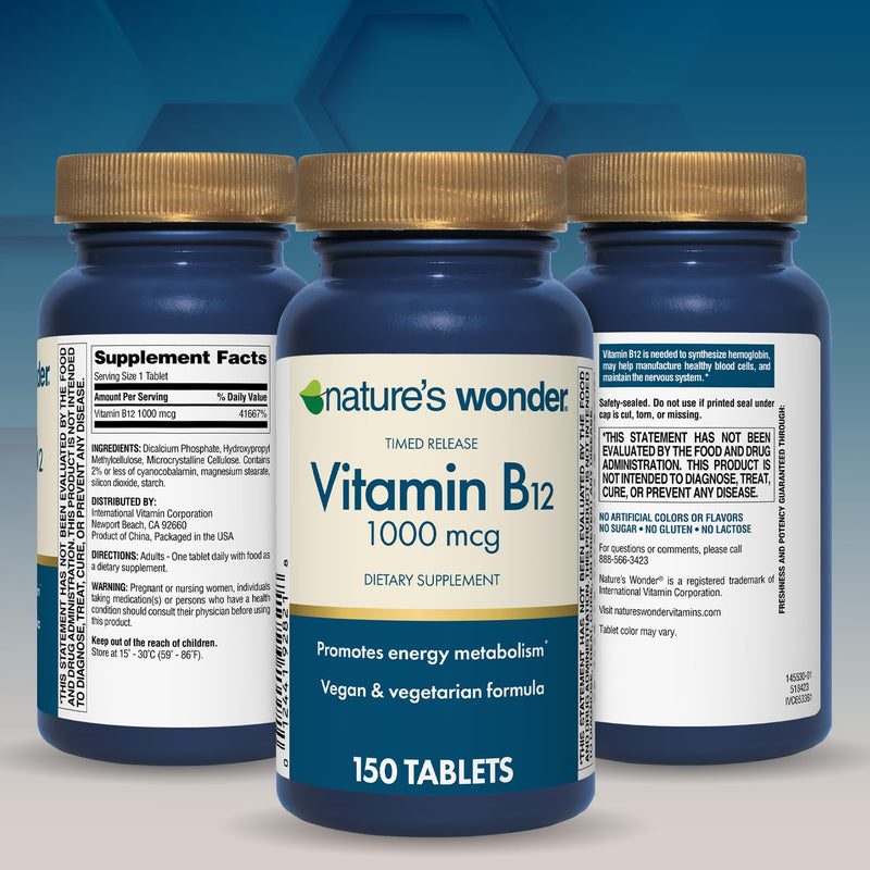 Nature's Wonder Vitamin B12 1000mcg Timed Release Steady Energy 150Tablets | Supports Red Blood Cell Production, Energy Metabolism, Brain & Nervous System Health for Women & Men, Gluten-Free, 150 Days 150 Count (Pack of 1)