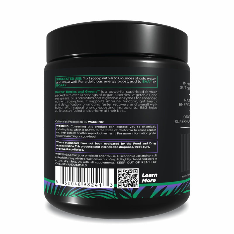 Driven B&G Berries & Greens Superfood Powder, 30 Servings - Organic Plant-Based Formula with Probiotics & Digestive Enzymes -Supports Recovery, Healthy Digestion, and Immune Function WOD-Berry