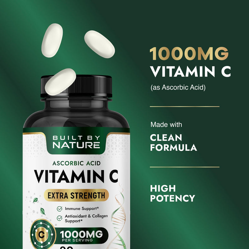Built by Nature Vitamin C 1000mg Immune Support Supplement - 90 Tablets | High Potency, Antioxidant for Women & Men, Supports Energy, Skin & Collagen