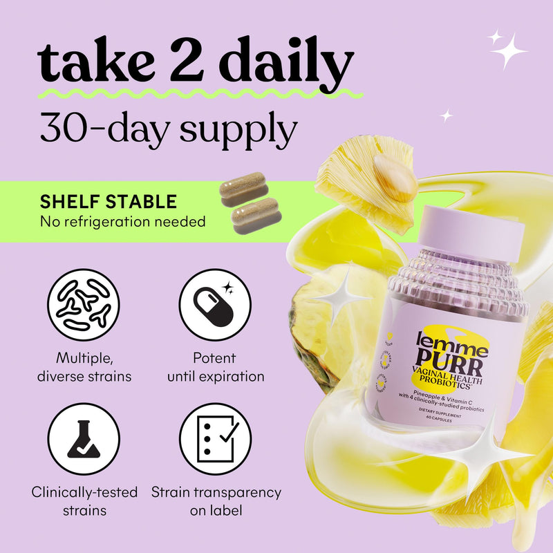 Lemme Purr Vaginal Probiotics for Women - Promotes pH Balance, Healthy Vaginal Odor & Urinary Tract Health w/Lactobacillus Blend, Clinically Tested Strains, Pineapple & Vitamin C - 60 Veggie Capsules - BeesActive Australia