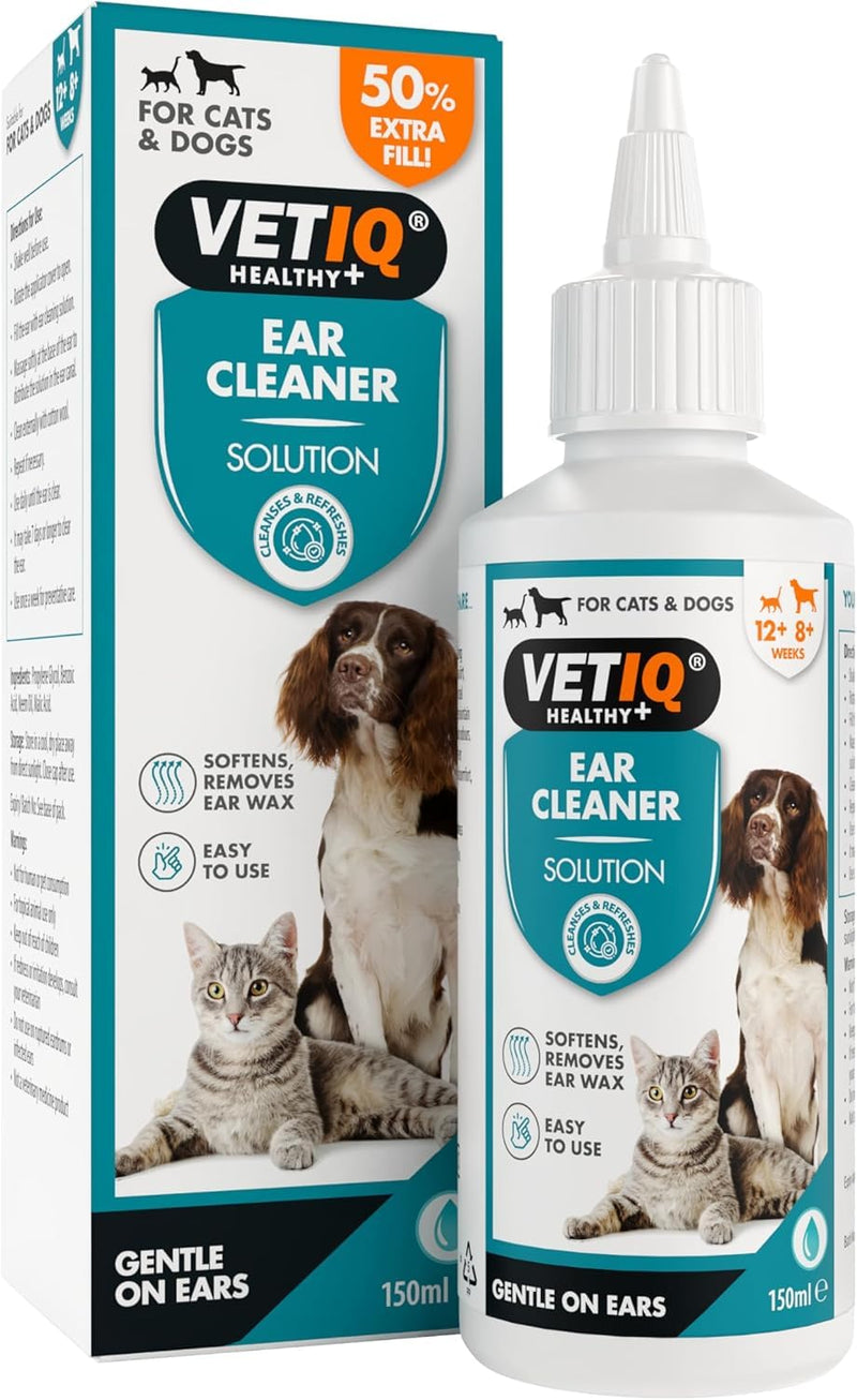 VETIQ Ear Cleaner for Dogs & Cats 150ml, Alcohol-Free Ear Cleaning Solution with Neem Oil & Malic Acid – Helps Remove Wax, Dirt & Odours –50% Extra Fill New screw open twist cap pack of 1