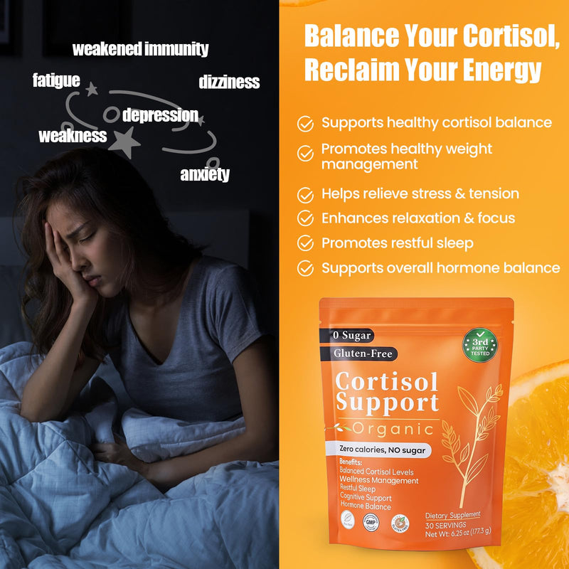 Cortisol Reducer Drink Mix Powder, Refreshing Orange Supplement with Ashwagandha, Magnesium Glycinate & L-Theanine for Calm, Focus Stress Response Support Bulk Resealable Bag with Scoop (60 Servings)