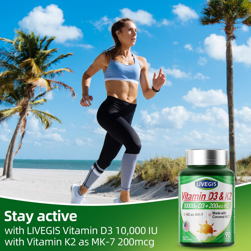 Vitamin D3 K2 10000 lU with NSF Certified for Immune System | K2 MK-7 200mcg, 90 mini softgels, supports immune, digestion & bone health, higher absorption, non-GMO, 3rd-party tested 90 Count (Pack of 1)