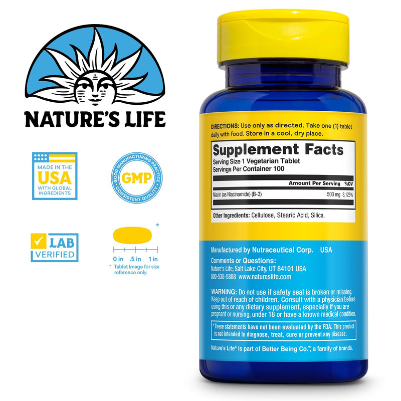 Nature's Life Energizing Niacinamide 500mg - No Flush Vitamin B 3 Niacin Supplement - Nerve Function, Metabolism and Healthy Energy Support - 60-Day Guarantee, Lab Verified, 100 Servings, 100 Tablets | No Flush Vitamin B3 Niacin Supplement, Nerve Funct...