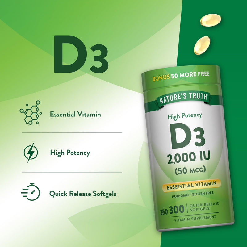 Nature's Truth Vitamin D3 2000 IU | 300 Softgels | High Potency Formula | Non-GMO & Gluten Free Supplement 300 Count (Pack of 1)