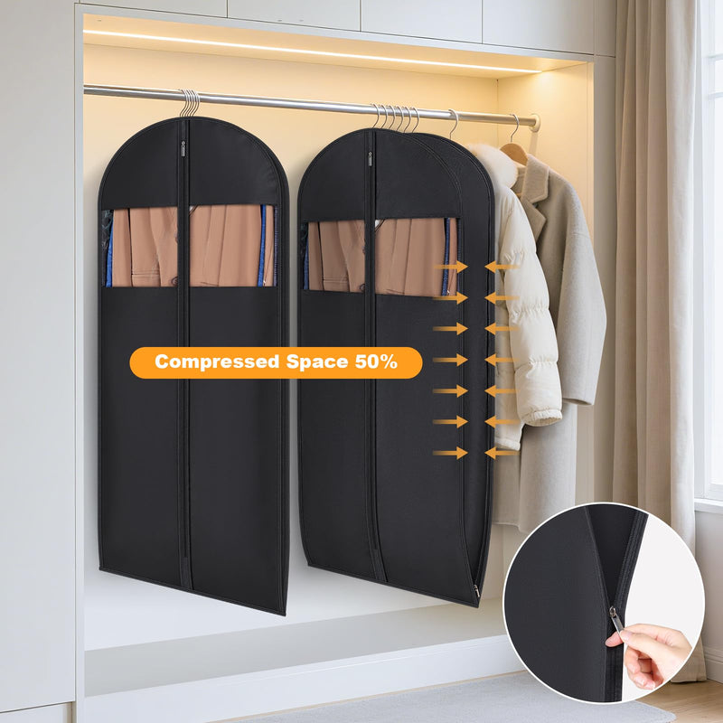 Syeeiex 54'' Garment Bags for Hanging Clothes with 8'' Gussets,Space Saving Hanging Garment Bag with Self Compression Zipper - Save 50% Space-Can Hold 6 Down Coats,8 Fur & Winter Coats,20 Shirts(2PCS) 54'' - 2pcs(8'' Gusseted) Black