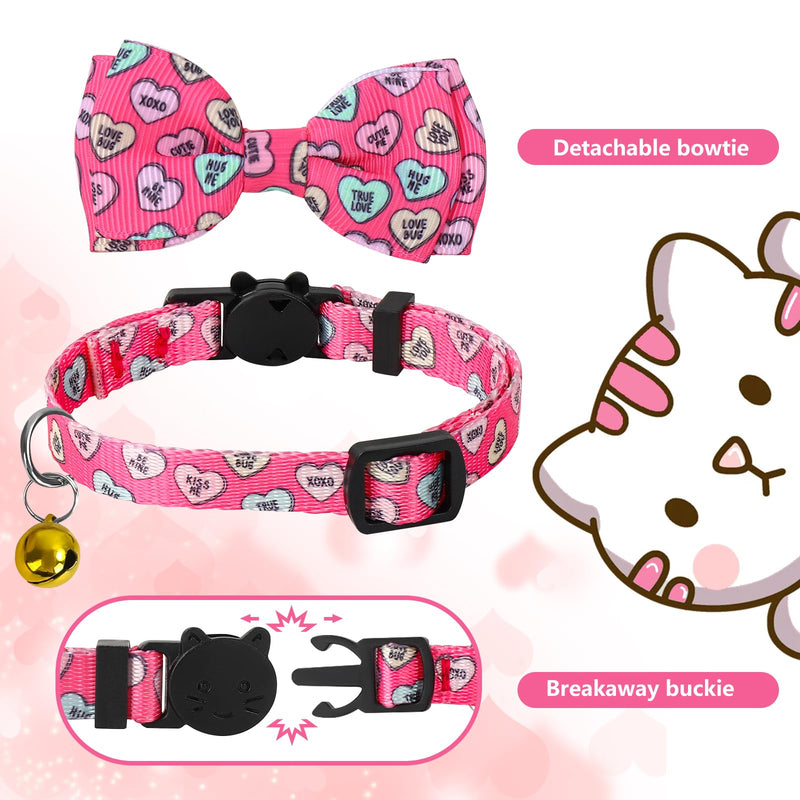 2Pcs Valentine's Day Cat Collar Conversation Heart Bowtie Collar with Breakaway Bell Blue Pink Adjustable Kitten Collar for Girl Boy Cat Small Pet - BeesActive Australia