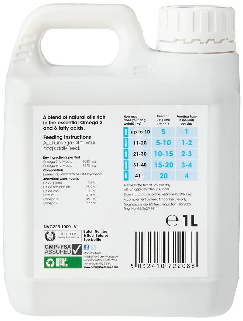 Natural VetCare Omega Oil for Dogs 1000ml – Veterinary Strength Skin, Coat & Joint Supplement – With Omega-3, Omega-6, Biotin & Vitamin E – Supports Glossy Coat, Healthy Skin & Mobility