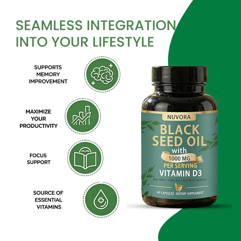 Sabel Black Seed Oil - Within, 5% Thymoquinone | , Vitamin D3 1000 MG, Turmeric and Black Pepper Extract Supporting Health by Restoring Balance From 60 Capsules