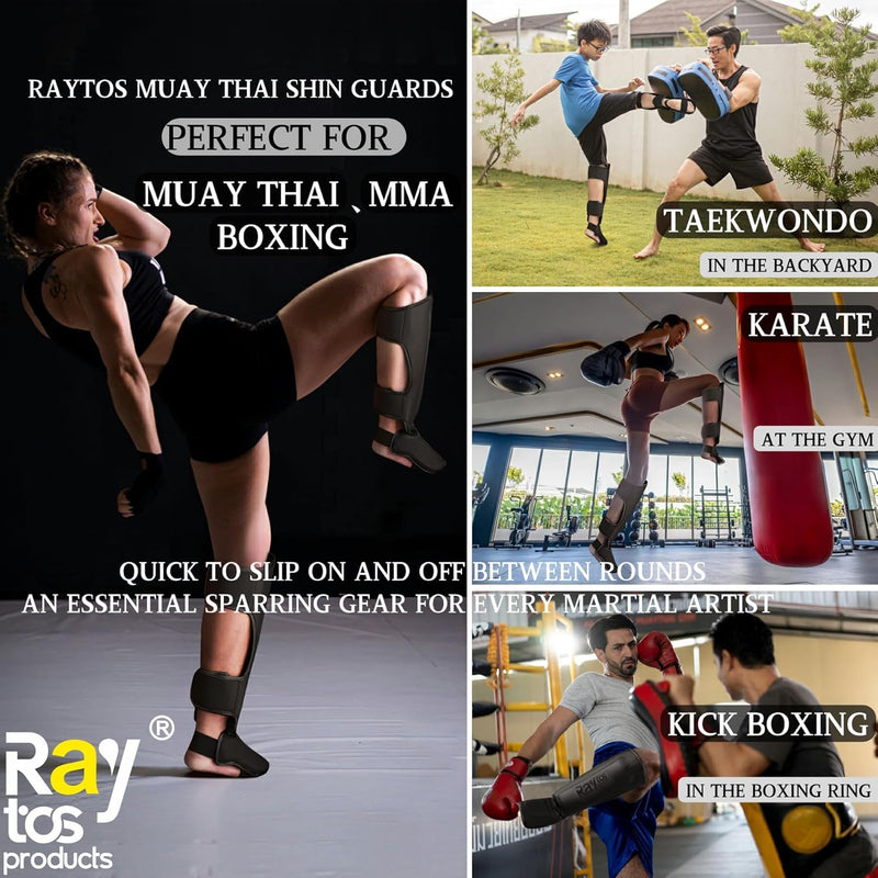 Muay Thai Shin Guards - MMA Kickboxing Leg Instep Protective Pads, Martial Art Sparring Gear for BJJ Karate Boxing Taekwondo Training, Men Adults Kids Children Black&A Medium