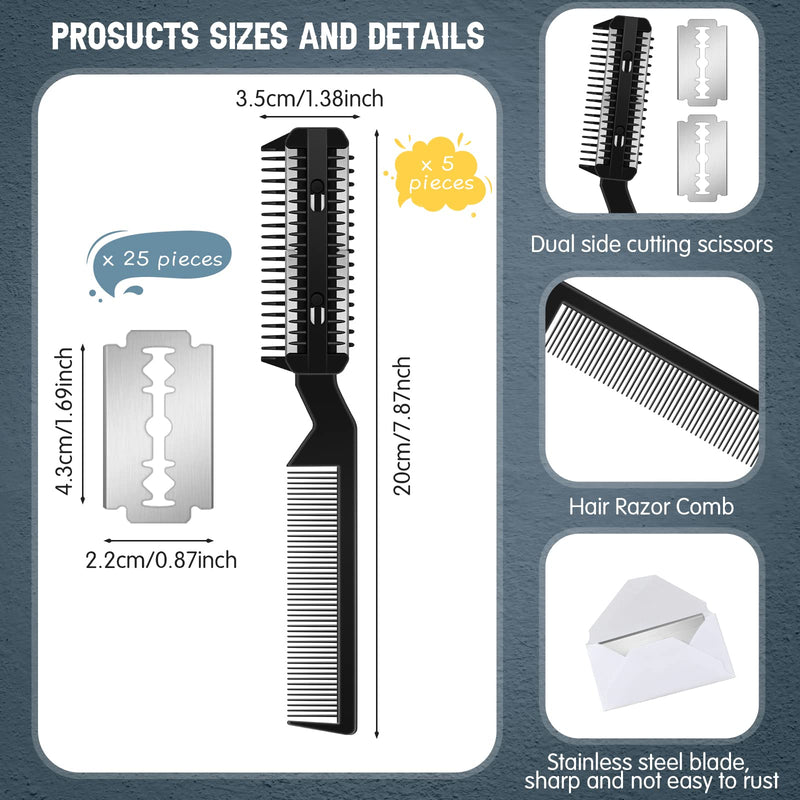 5 Pieces Razor Comb for Dogs Hair Grooming Trimmer Comb for Pet Razor Comb with 25 Extra Blades Manual Dog Hair Trimmer Comb Double Edge Razor for Dogs (Black) Black - BeesActive Australia