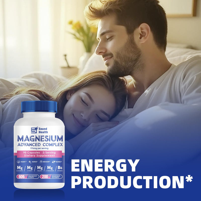5 in 1 Magnesium Complex Capsule 976mg wtih Magnesium Glycinate, Citrate, Malate & Vitamin B6, High Absorption Magnesium Complex for Women & Men, Third-Party Tested, Vegan, Non-GMO 90 Count（Pcak of 1）