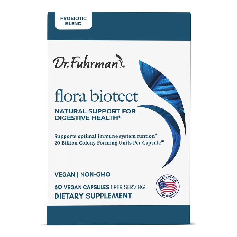 Dr. Fuhrman Prebiotic and Probiotic for Women & Men | Flora Biotect Natural Support for Digestive Health & Gut Biome | Provides Bloating Relief & Bowel Regularity | 20 Billion Live Strains | 60 Caps