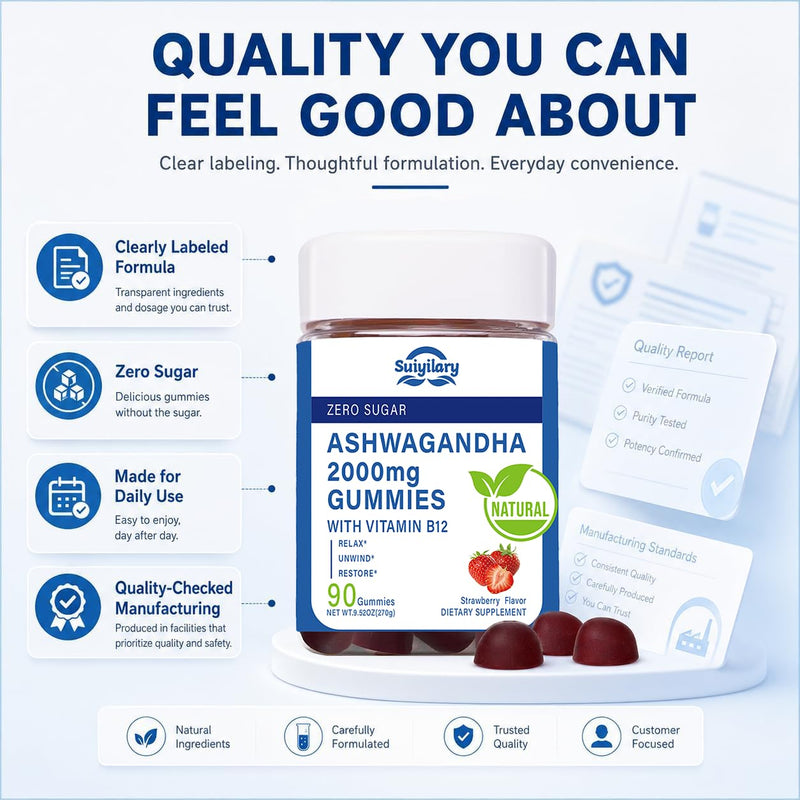 Suiyilary Ashwagandha Gummies 2000mg, Ashwagandha High Strength Root Extract Supplement with Vitamin B12 for Men Women, Strawberry Flavour 45 Days Supply 90 Gummies