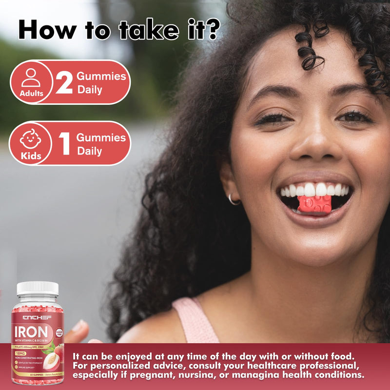 2PCS Iron Supplement for Women & Men Gummies, Multivitamin Blood Builder Iron Supplement with Folate Vitamin C B12 B6 Zinc for Adults & Kids - Energy Support - Peach Flavor, Vegan 120 Gummies 60 Count (Pack of 2)