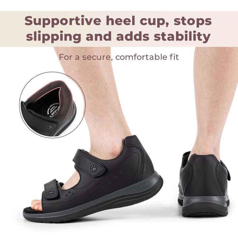 FitVille Diabetic Sandals for Women Wide Width, Open Toe Orthopedic Wide Sandals for Women with Adjustable Straps and Arch Support for Bunions, Plantar Fasciitis, Swollen Feet Black 8.5 Wide