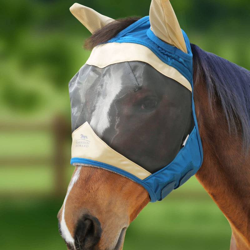 Harrison Howard Luxe Dual-Tone Horse Fly Mask Half Face with Ears Fully Visible UV-Blocking Fine Mesh Soft Fleece Edging for Extra Comfort Champagne Gold/Teal M Cob Cob (Medium) - BeesActive Australia