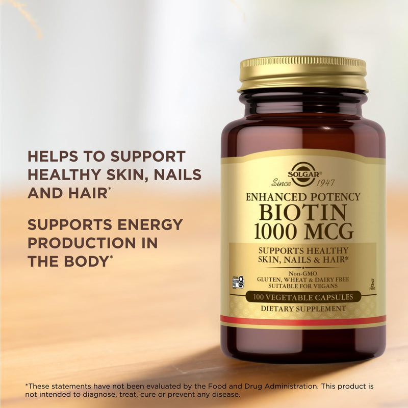 Solgar Biotin 1000 mcg - 100 Vegetable Capsules - Supports Healthy Skin, Nails & Hair - Non-GMO, Vegan, Gluten Free, Dairy Free, Kosher - 100 Servings (Pack of 2) 100 Count (Pack of 2)