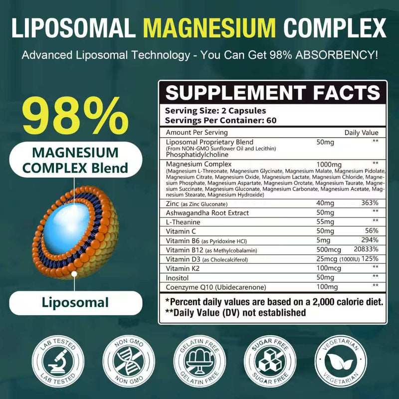 29-in-1 1400mg Liposomal Magnesium Complex for Women & Men Supplement with Glycinate Citrate Malate Oxide - 18 Types Magnesium with Vitamin D3, K2, B6, B12 & Coq10, Support Bone, Muscle, 240 Capsules 2 Packs