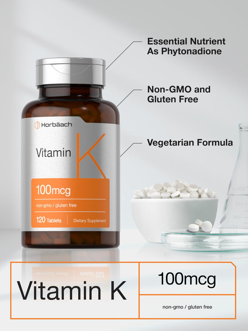 Horbäach Vitamin K Supplement | 100mcg | 120 Tablets | Vegetarian, Non-GMO & Gluten Free Supplement - BeesActive Australia