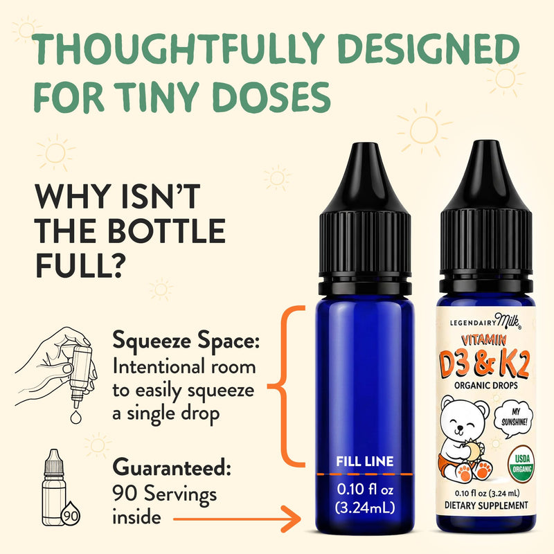 Legendairy Milk Organic Baby Vitamin D3 K2 Liquid Drops 400 IU 90 Servings | Plant based D3 plus K2 MK-7 for babies and toddlers in one daily drop; USDA Organic, vegan, sugar free and made lanolin-free.