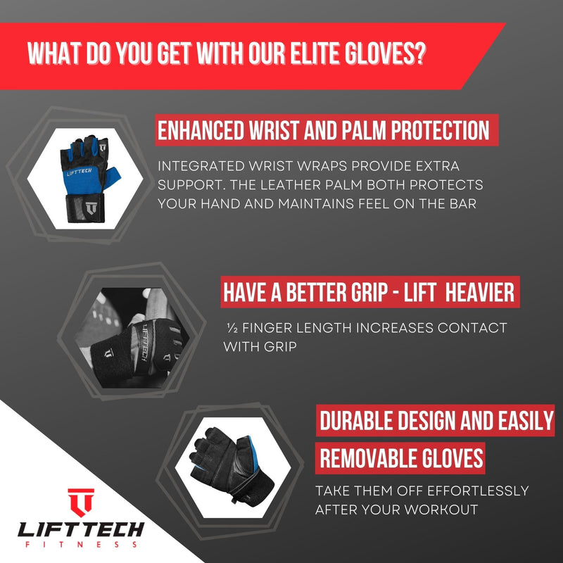 Lift Tech Men's Elite Weight Lifting Gloves with Wrist Support - Weight Lifting Gloves for Men Into Weights, Strength Training, Powerlifting - Washable Wrist Support Gloves - Blue & Black - L