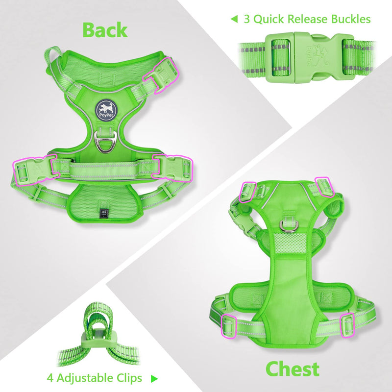 PoyPet No Pull Dog Harness, No Choke Reflective Dog Vest, Adjustable Pet Harnesses with Easy Control Padded Handle for Small Medium Large Dogs(Green Matching Trim,L) L Green(Matching Trim) - BeesActive Australia