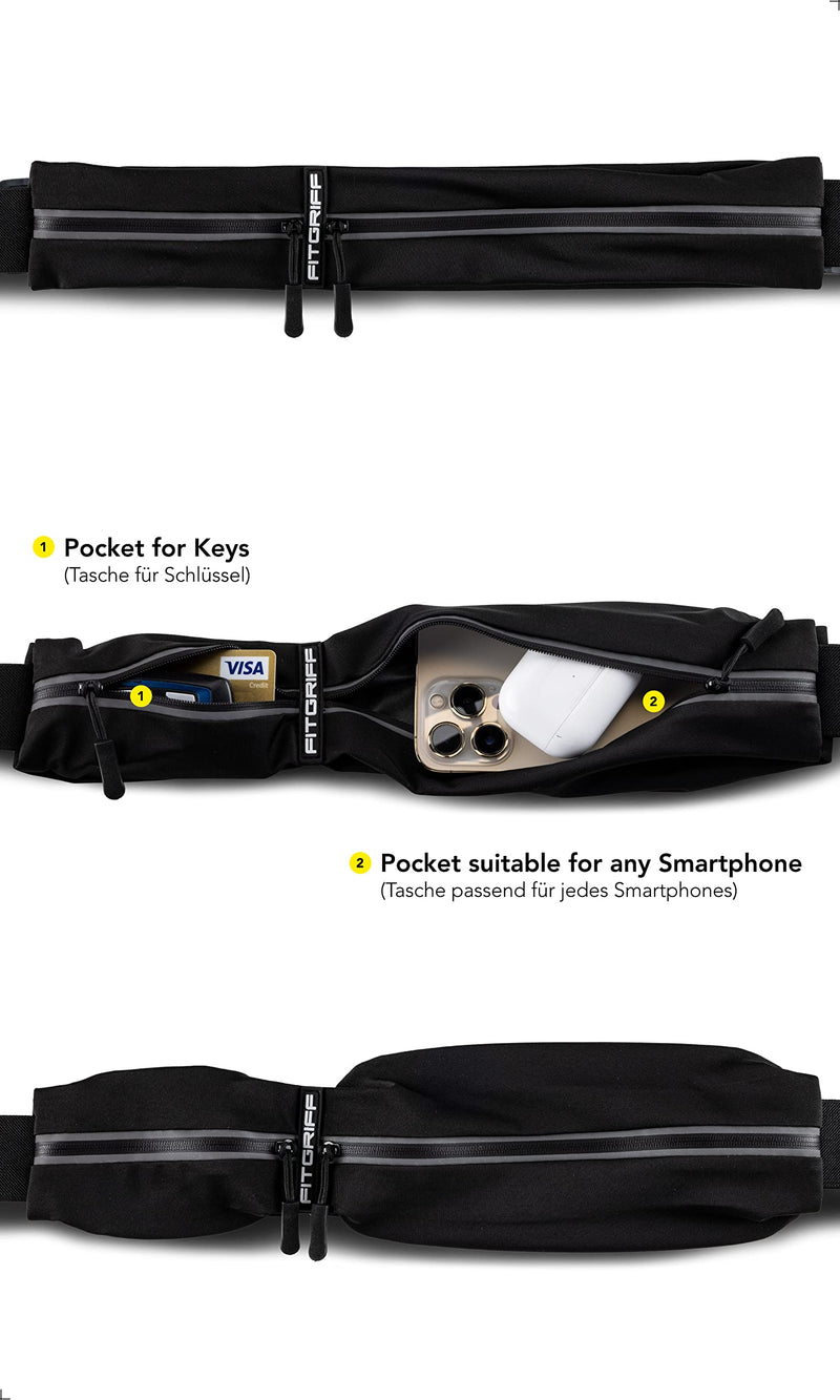 Fitgriff® Running Belt for Men & Women - Secure Jogging Pouch for Phone, Keys & Essentials - For All Cell Phones Black Small - Medium