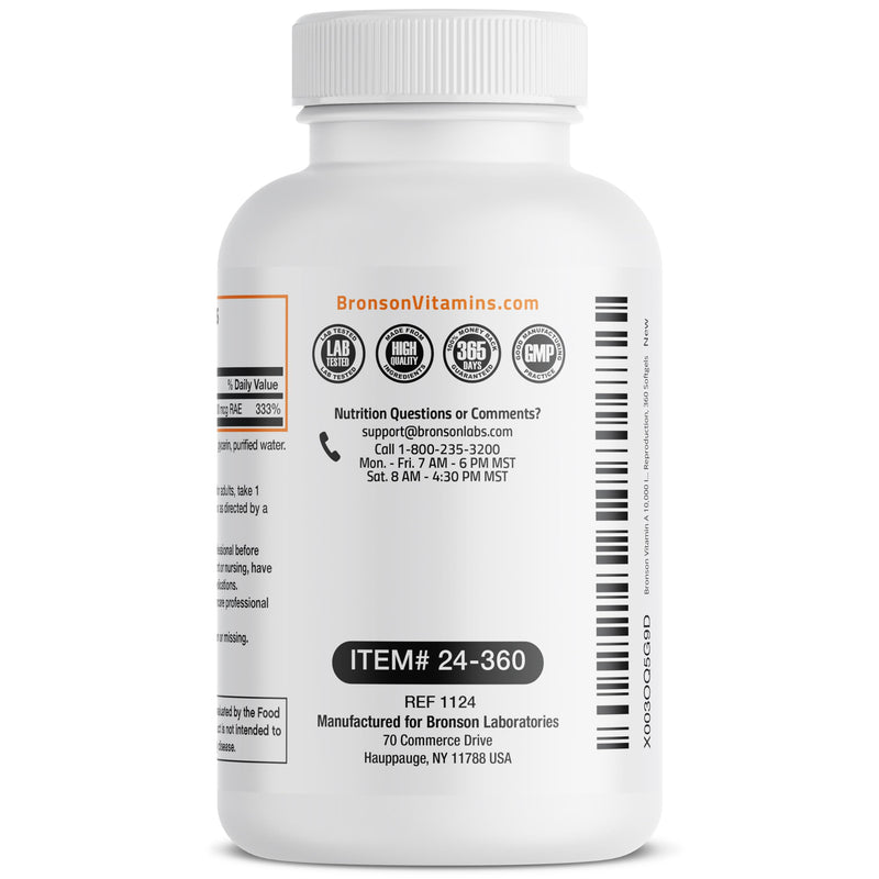 Bronson Vitamin A 10,000 IU Healthy Vision and Immune Support, 360 Softgels | Vitamin A Palmitate, Once-Daily Rapid Release, Skin, Growth & Reproduction Support, Non-GMO Unflavored 360 Count (Pack of 1)